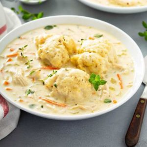 bowl of chicken and dumplings